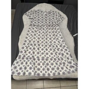 LOFT Dress Size 14 Medallion Print Cinch Side Tie Midi Blue White Short Sleeve